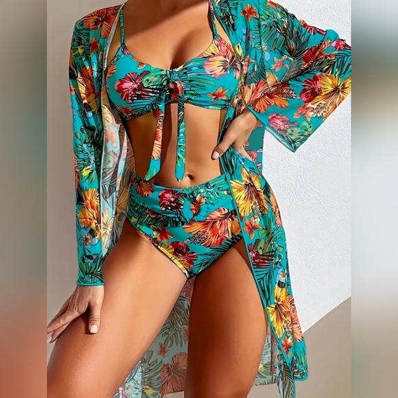 3 Piece Summer Western Beach Coquette Green Floral Print Swim Set M (#903) - Picture 4 of 6